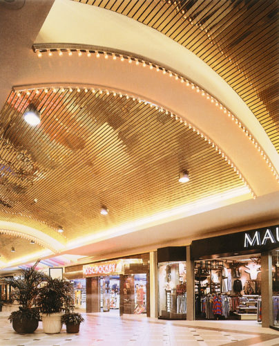 Реечный потолок золотой аркой в торговом центре. USA Ceiling Group